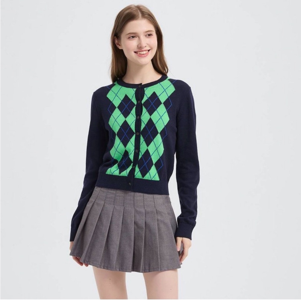 Wild fable Navy and Green Argyle Cardigan NWT MEDIUM